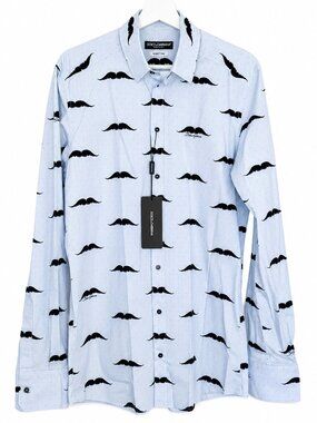 Dolce & Gabbana MARTINI Light Blue Mustache Print Cotton Dress Shirt IT 40 US M